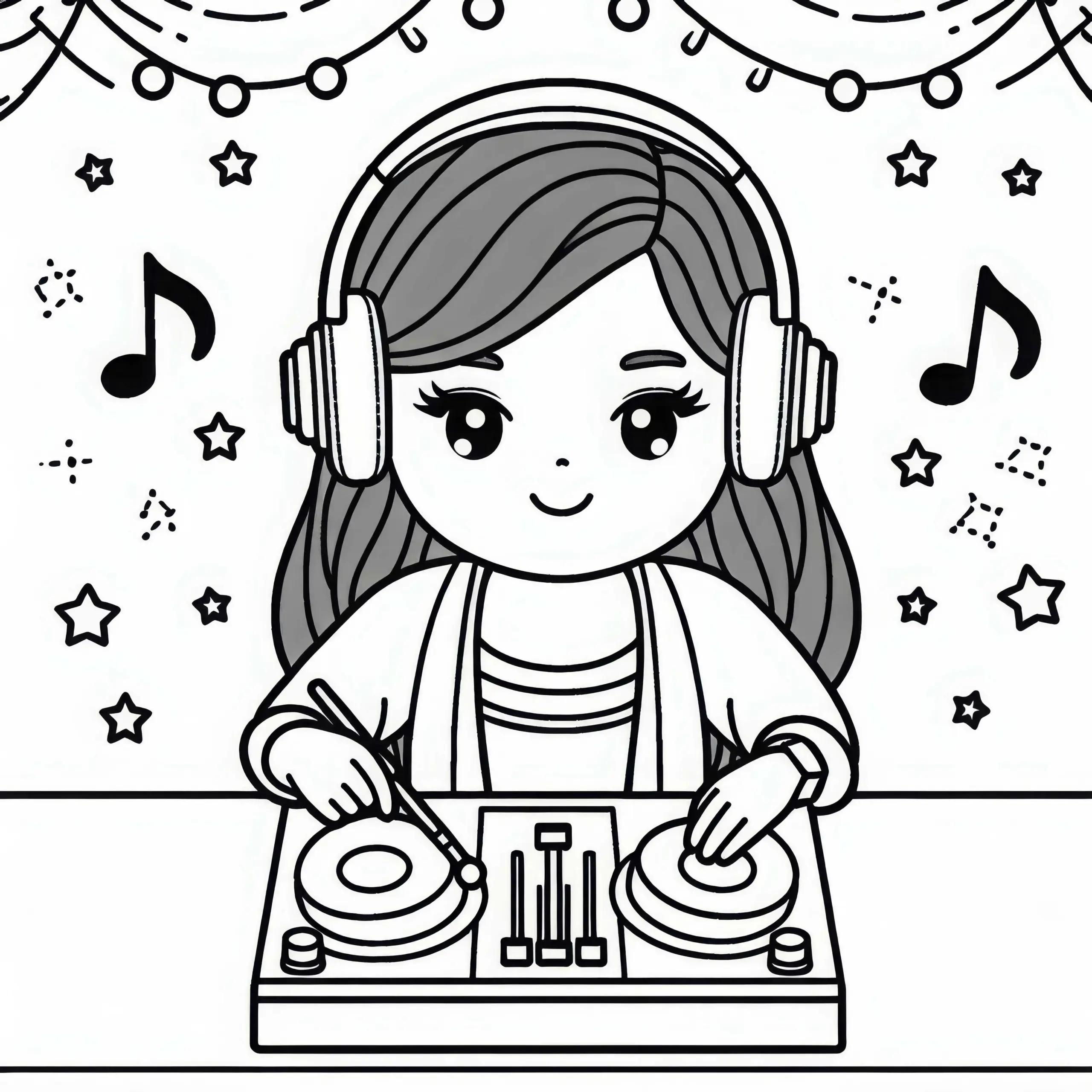 DJane mit Kopfhörern hört den nächsten Song – Ausmalbild kostenlos