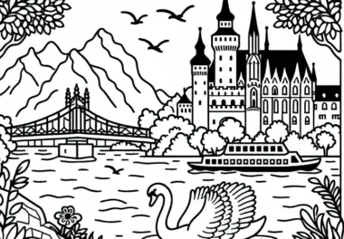 Donau mit Schwan und Schloss als Ausmalbild aus Europa kostenlos