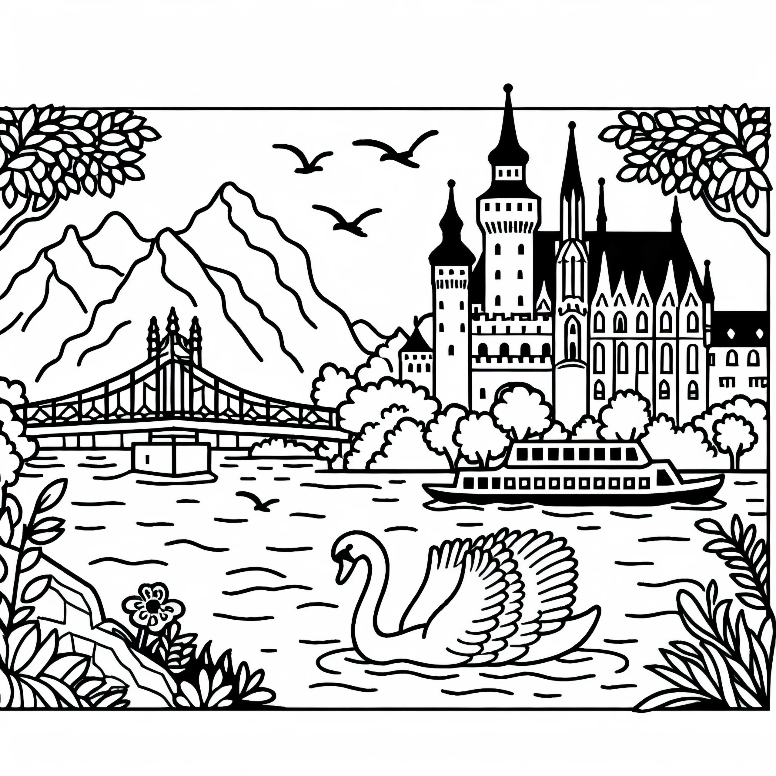 Donau mit Schwan und Schloss als Ausmalbild aus Europa kostenlos