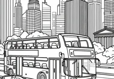 Doppeldeckerbus fährt durch große Stadt – Malvorlage kostenlos