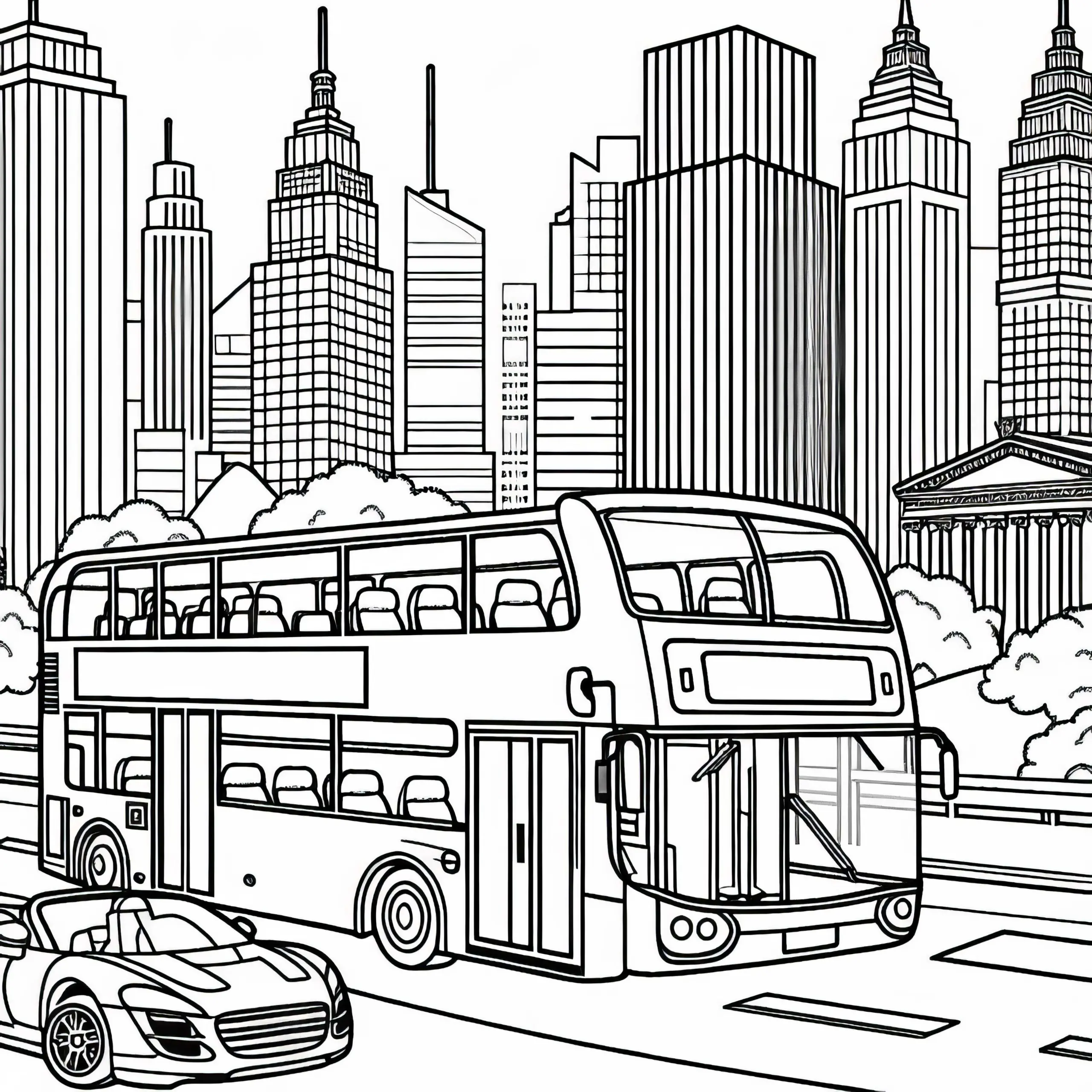 Doppeldeckerbus fährt durch große Stadt – Malvorlage kostenlos (Ausmalbild)