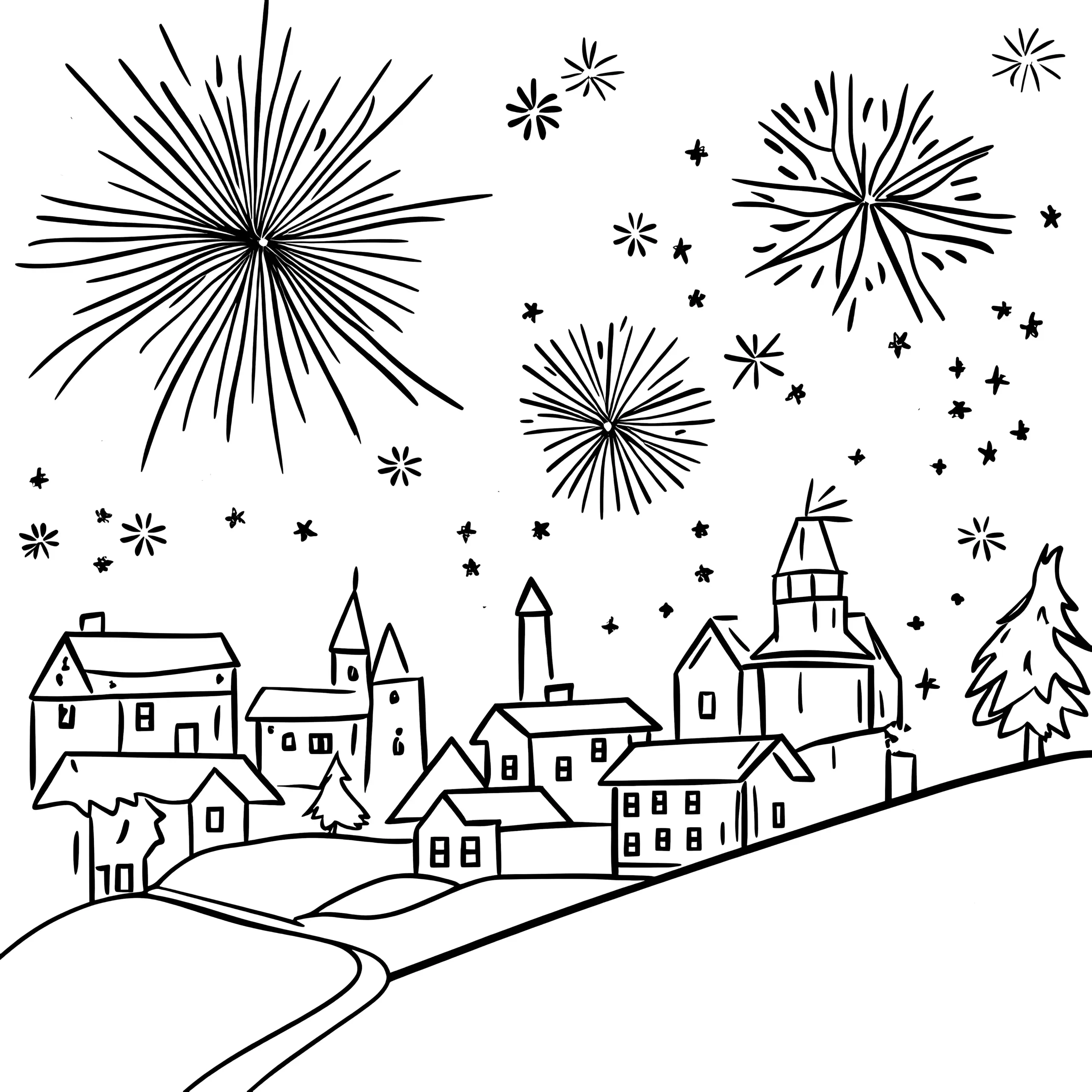 Dorf mit Feuerwerk zu Silvester: gratis Malvorlage (Ausmalbild)