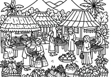 Dorfbewohner auf dem Markt – Malvorlage kostenlos