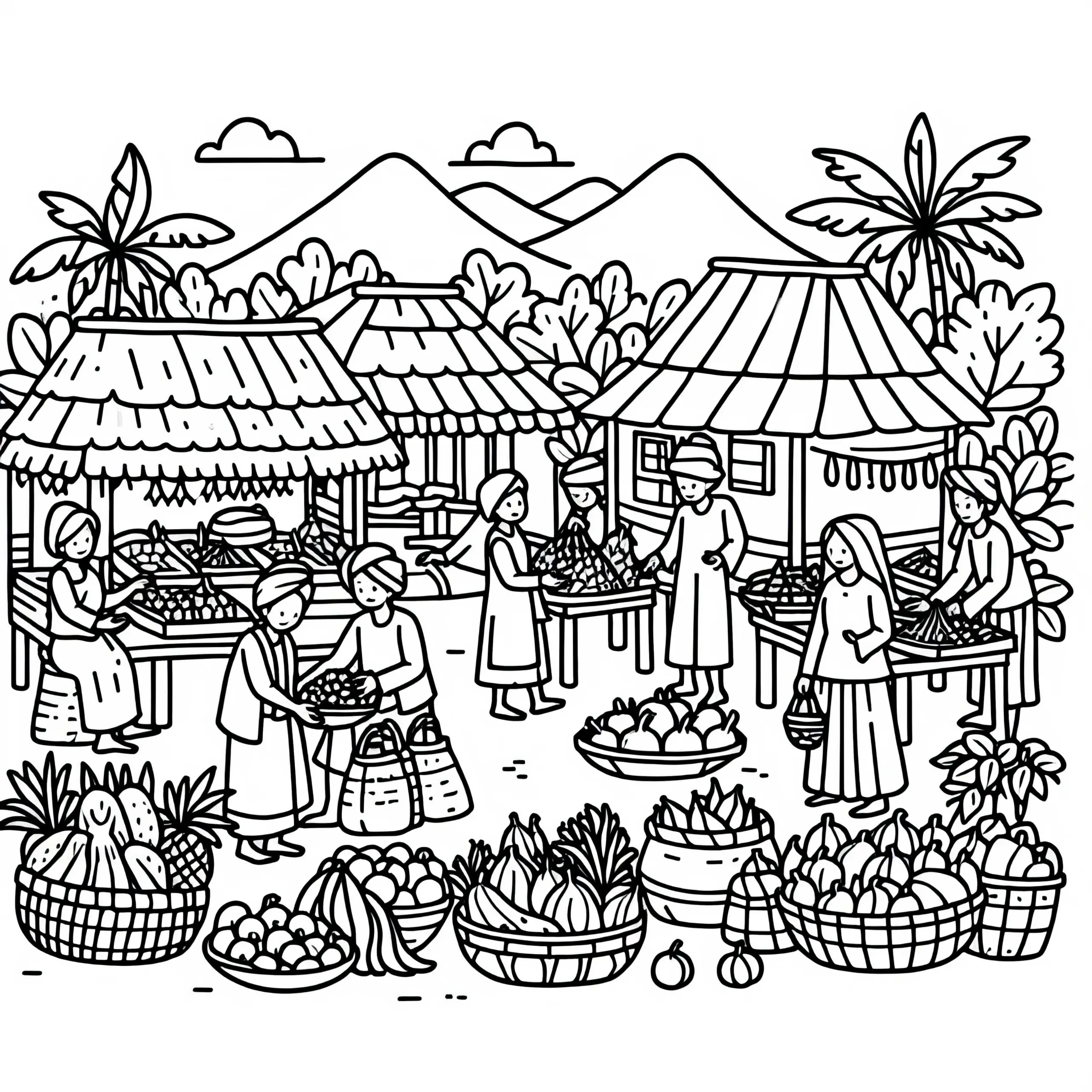 Dorfbewohner auf dem Markt – Malvorlage kostenlos (Ausmalbild)