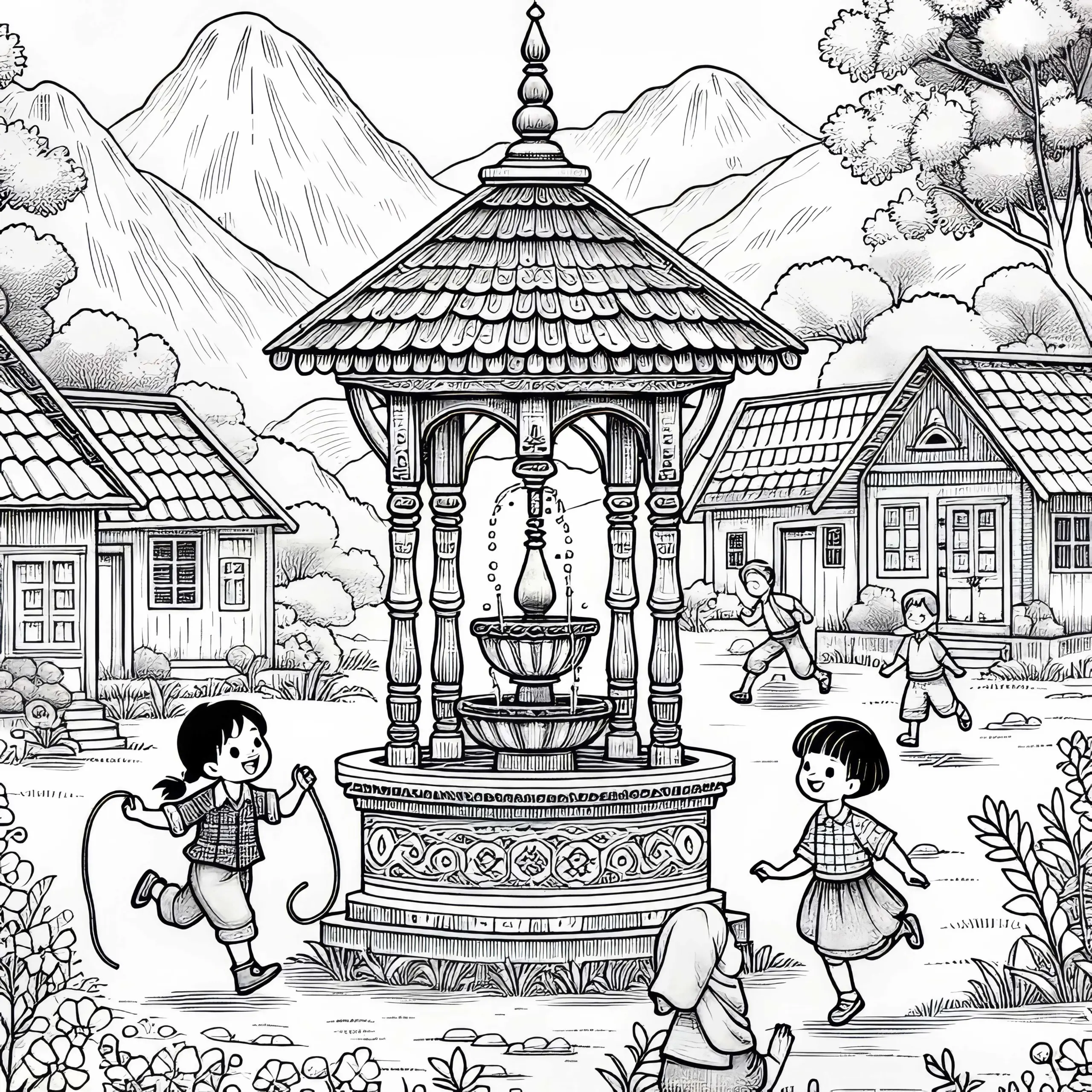 Dorfbrunnen mit spielenden Kindern – Malvorlage kostenlos (Ausmalbild)