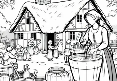 Ausmalbild einer Frau, die Salben rührt vor einem Dorfhaus – Hexenverfolgung kostenlos