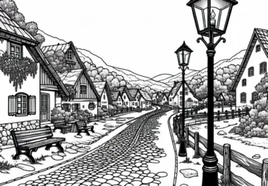 Dorstraße mit Kopfsteinpflaster und Laternen – Malvorlage kostenlos