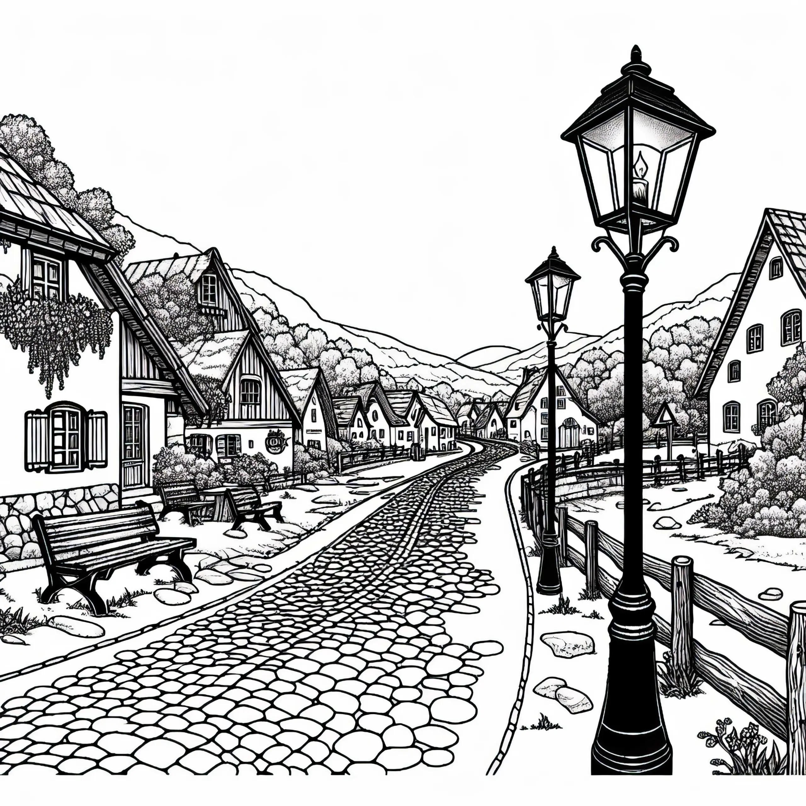 Dorstraße mit Kopfsteinpflaster und Laternen – Malvorlage kostenlos (Ausmalbild)