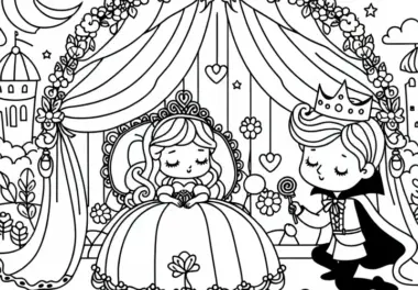 Dornröschen und Prinz feiern Hochzeit – Malvorlage einfach kostenlos