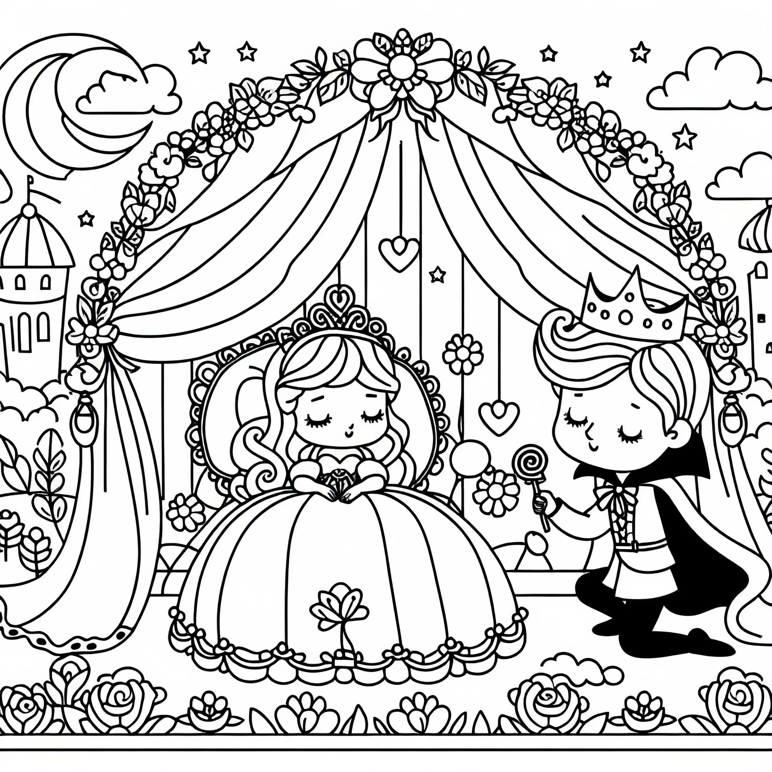 Dornröschen und Prinz feiern Hochzeit – Malvorlage einfach kostenlos (Ausmalbild)