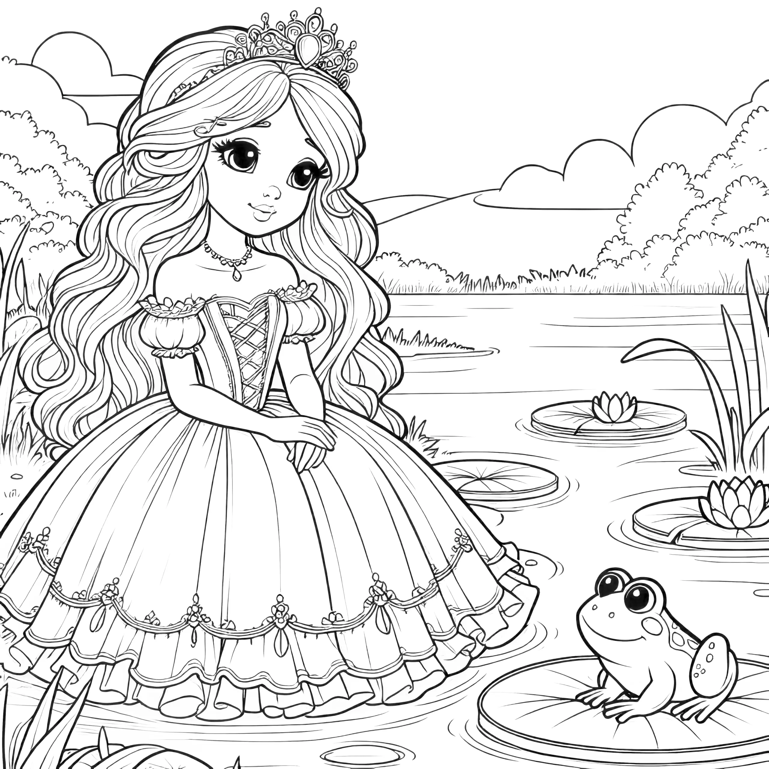 Zum Download: Zauberhafte Prinzessin und Frosch am idyllischen See (Ausmalbild)