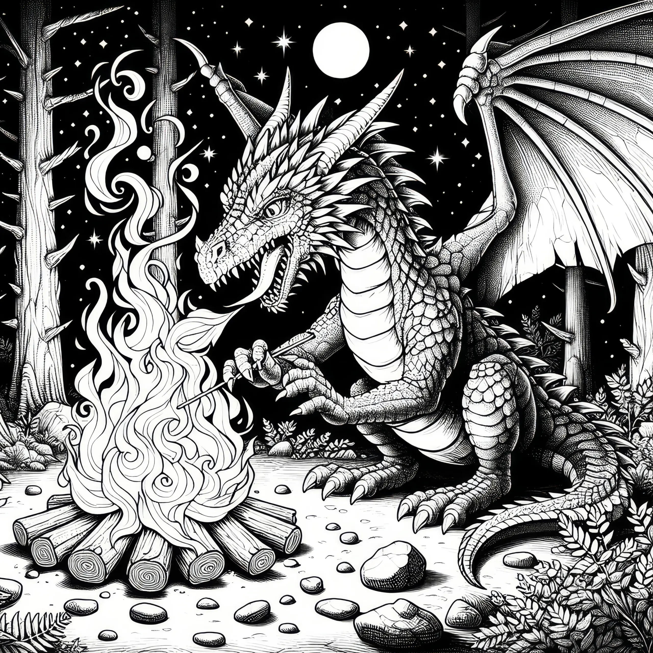 Drache entzündet Lagerfeuer: Ausmalbild zum Herunterladen (Kostenlos)