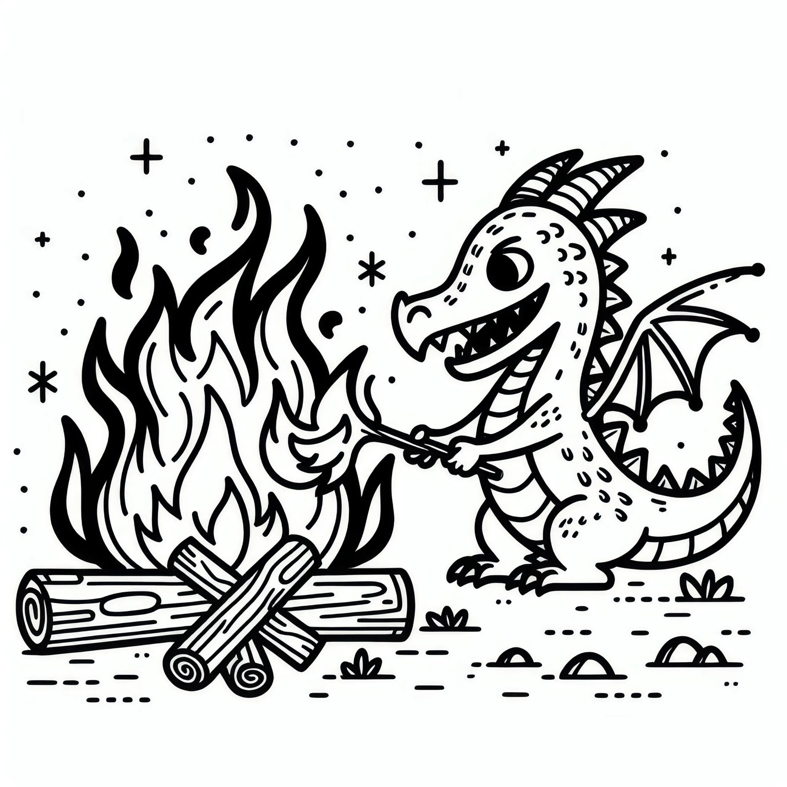 Drache entzündet Lagerfeuer: Einfache Malvorlage (Gratis) (Ausmalbild)