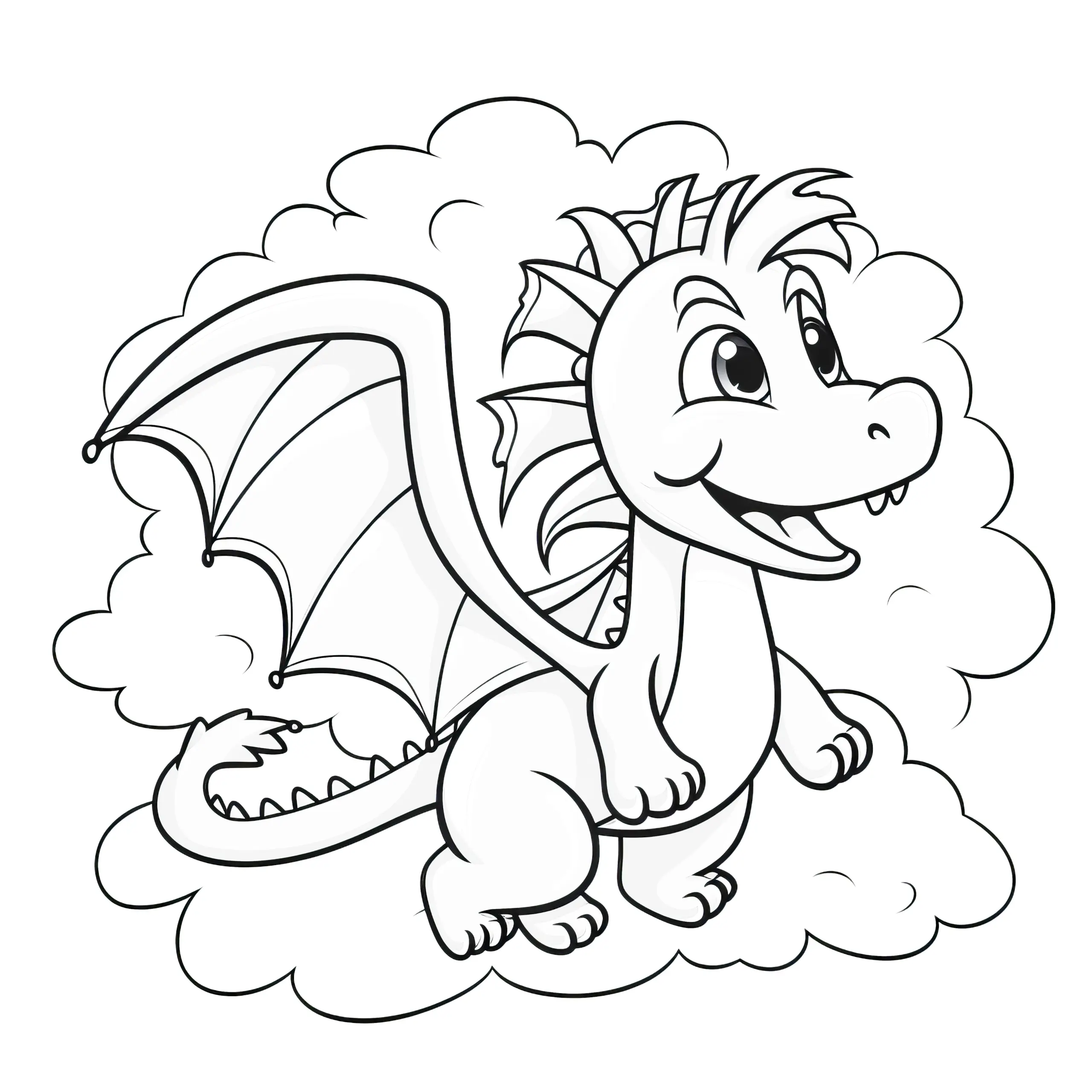 Drache fliegt durch fluffige Wolke: Ausmalbild zum kostenlosen Download