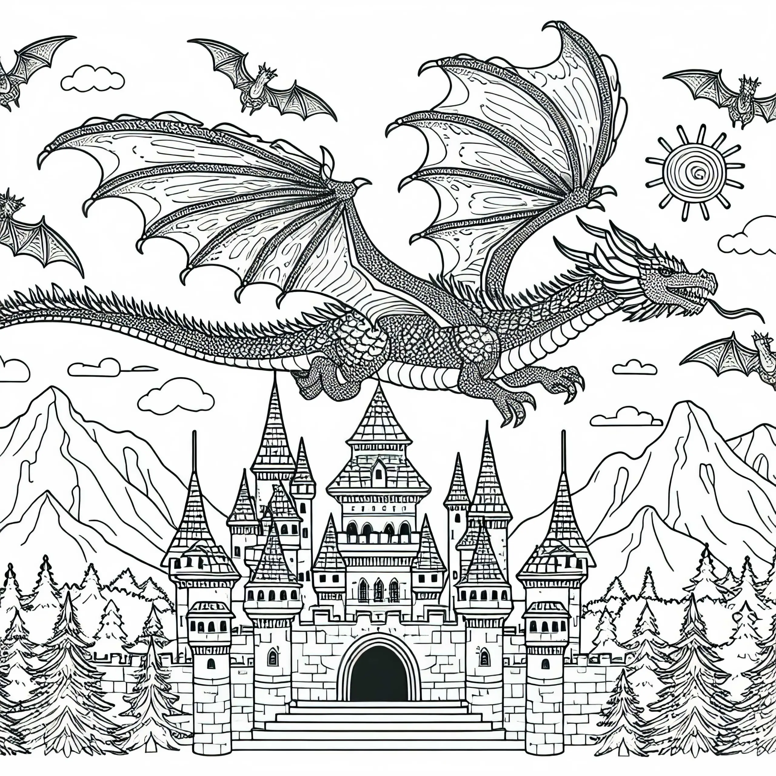 Drache fliegt über die Burg – Ausmalbild für Jungs ab neun gratis