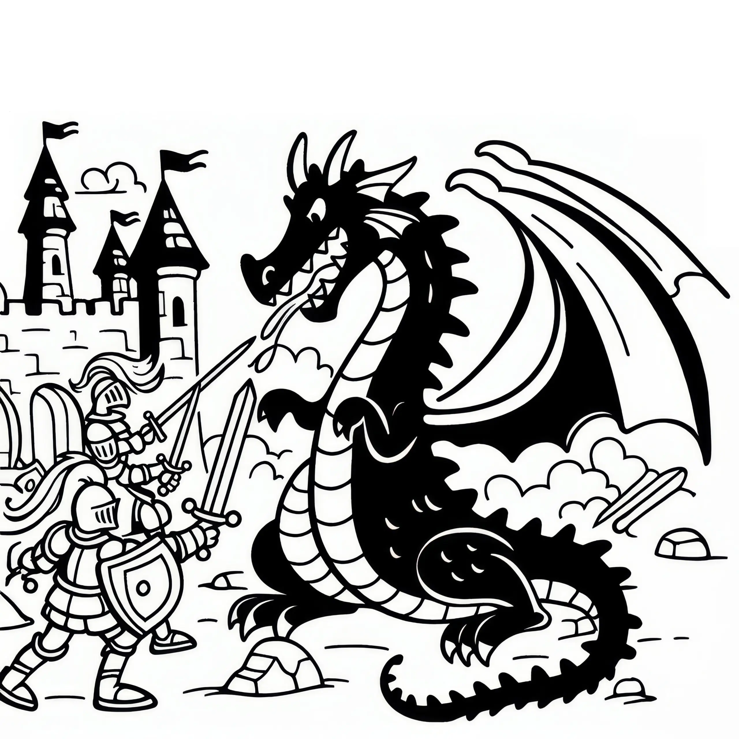 Drache im Kampf mit Rittern: Einfaches Ausmalbild (Kostenlos)