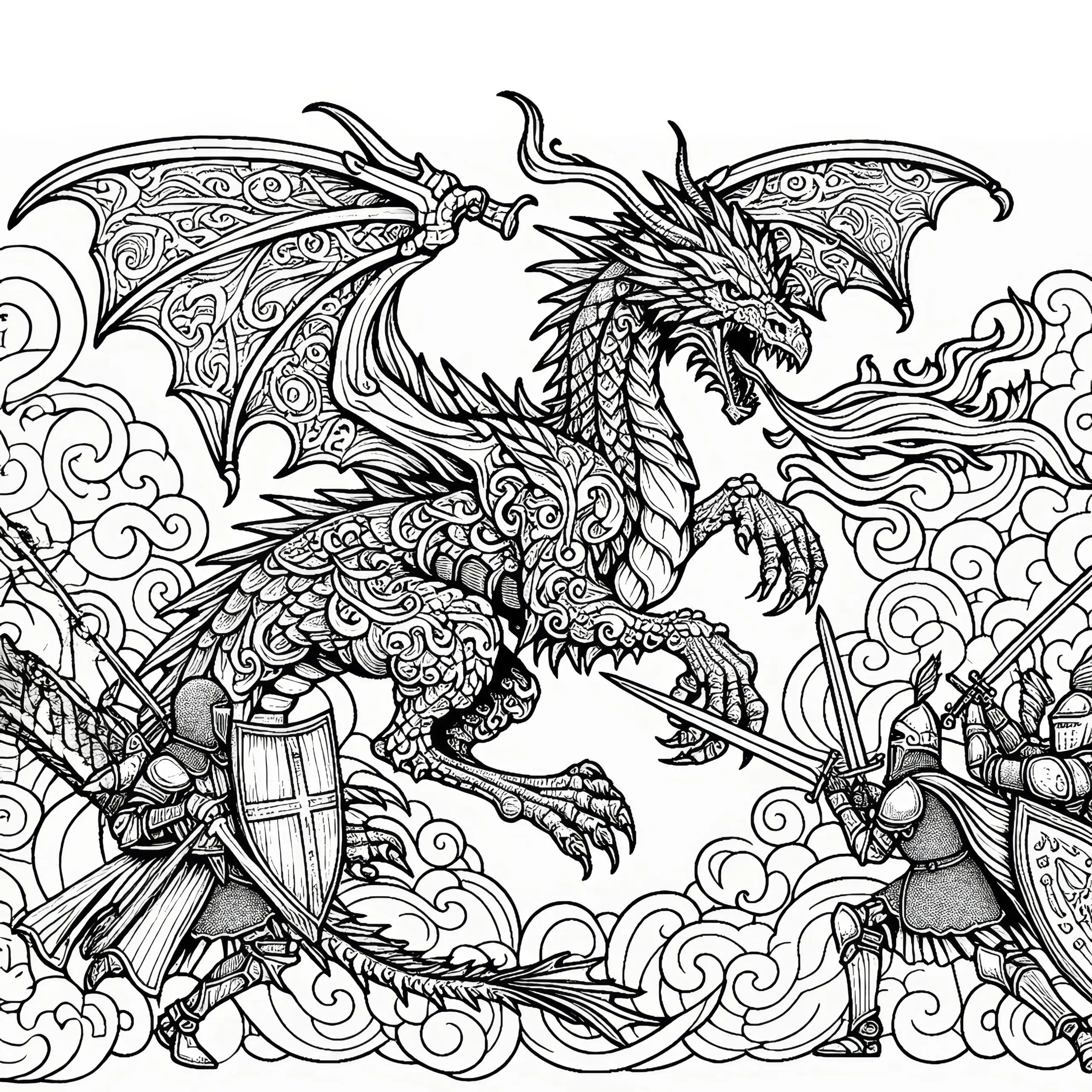 Drache im Kampf mit Rittern: Schöne Malvorlage zum Download (Gratis) (Ausmalbild)