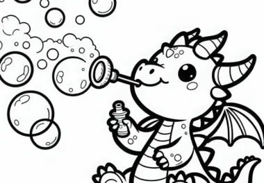 Drache pustet Seifenblasen – Ausmalbild für Jungs ab drei gratis