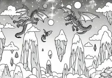 Drachen kreisen zwischen fliegenden Bergen – Ausmalbild kostenlos