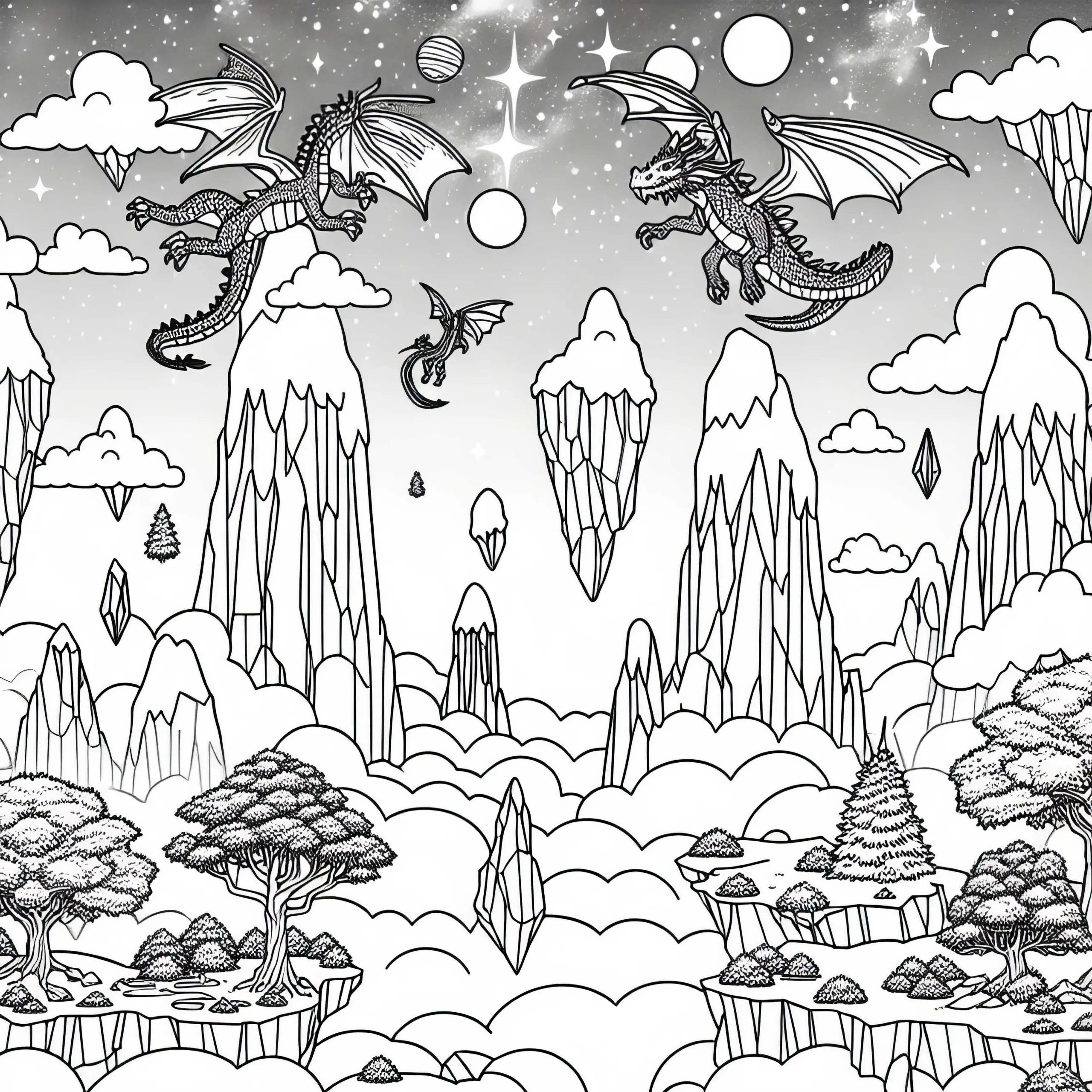 Drachen kreisen zwischen fliegenden Bergen – Ausmalbild kostenlos