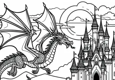 Drachen kreisen über Märchenschloss bei Sonnenuntergang – Ausmalbild kostenlos