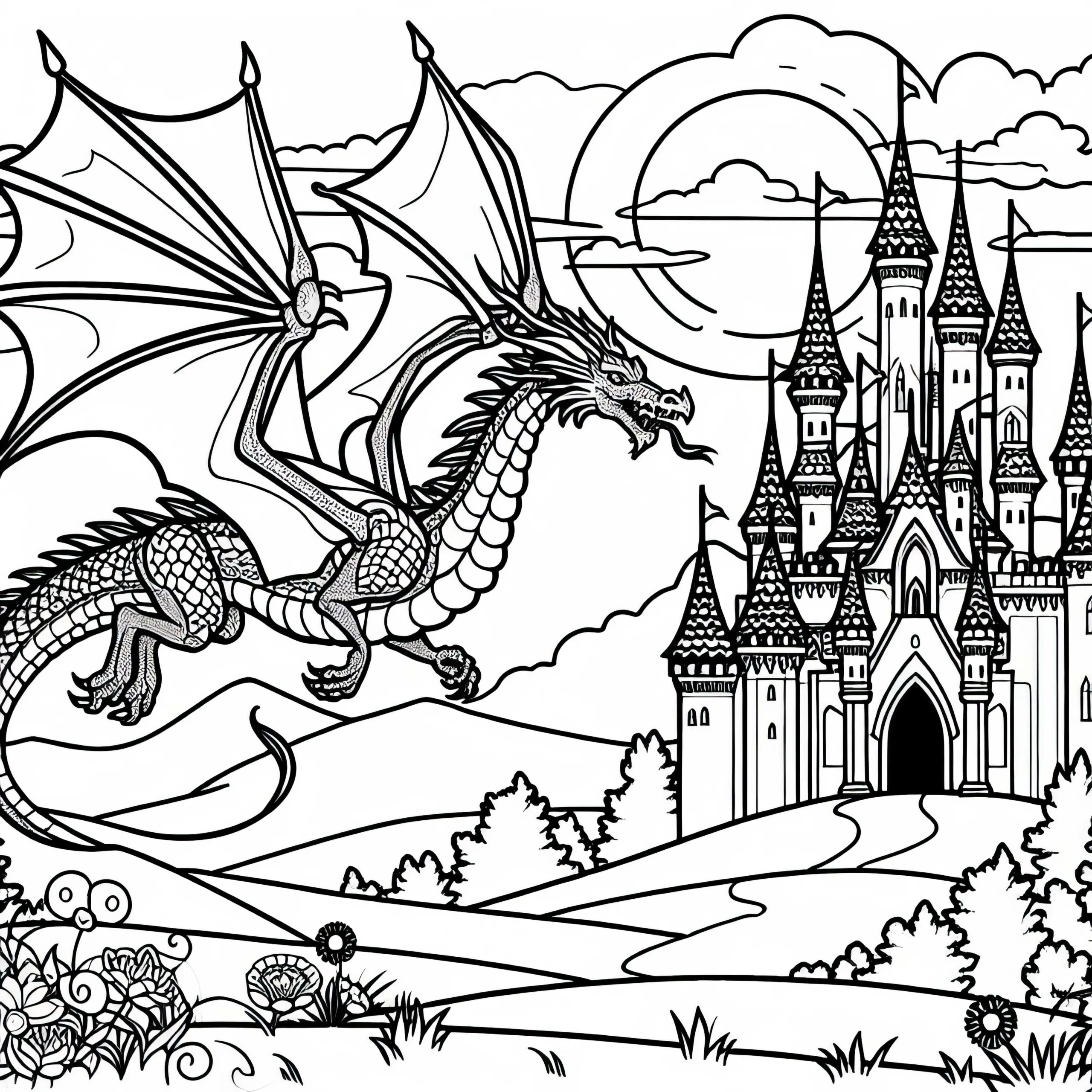 Drachen kreisen über Märchenschloss bei Sonnenuntergang – Ausmalbild kostenlos