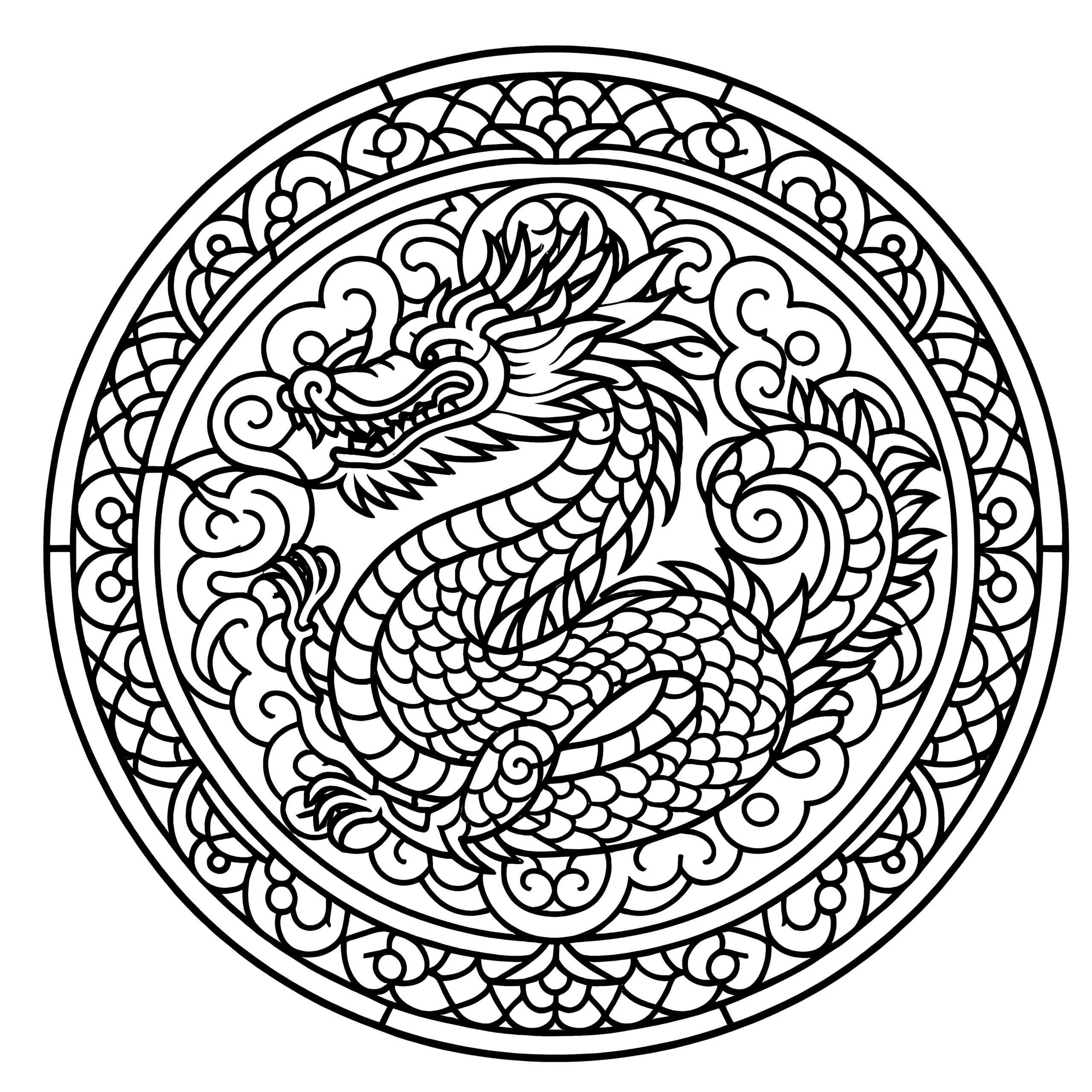 Drachen-Mandala Komplex: Kostenlos zum Ausmalen (Ausmalbild)