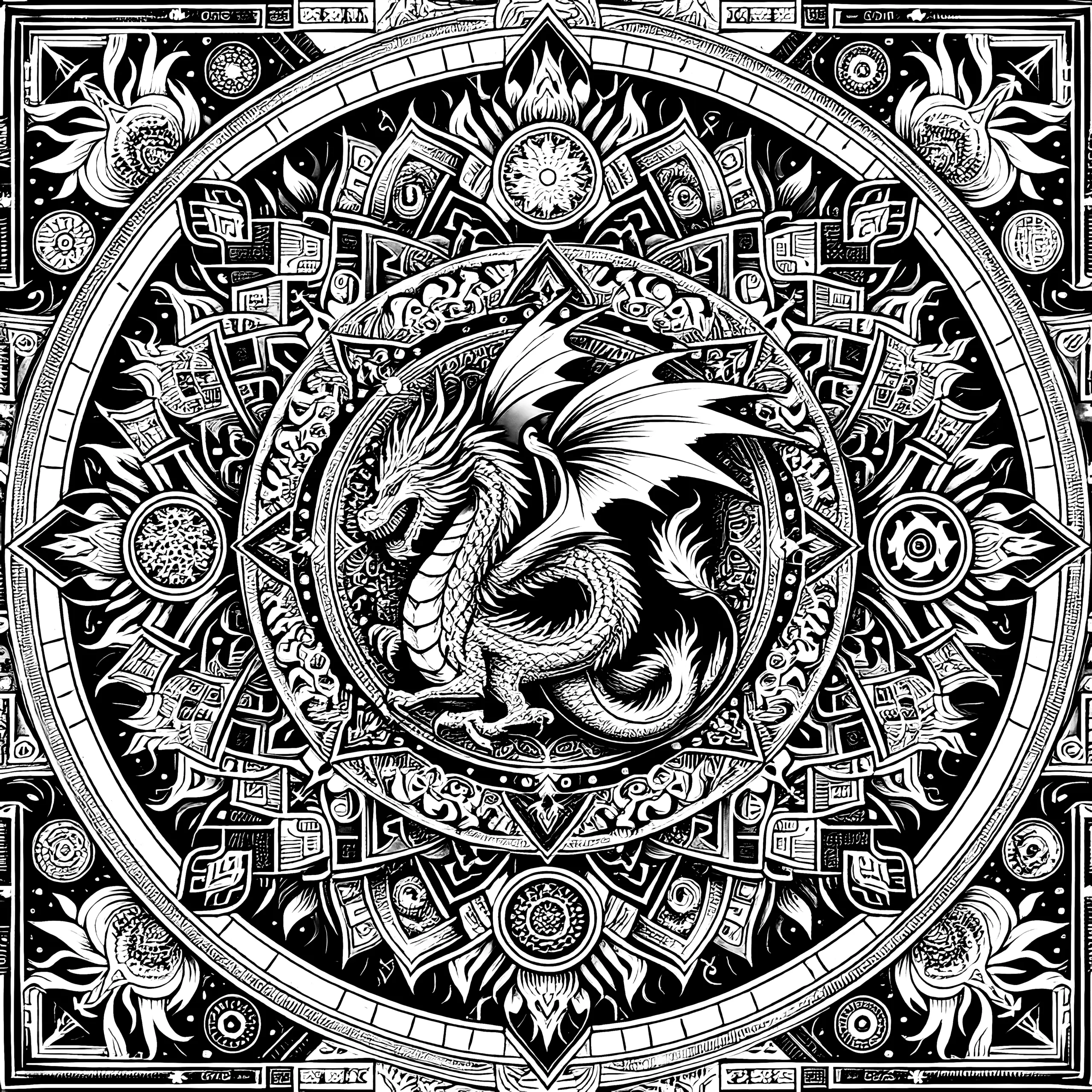 Drachen-Mandala komplex: Malvorlage für Erwachsene (Kostenlos) (Ausmalbild)