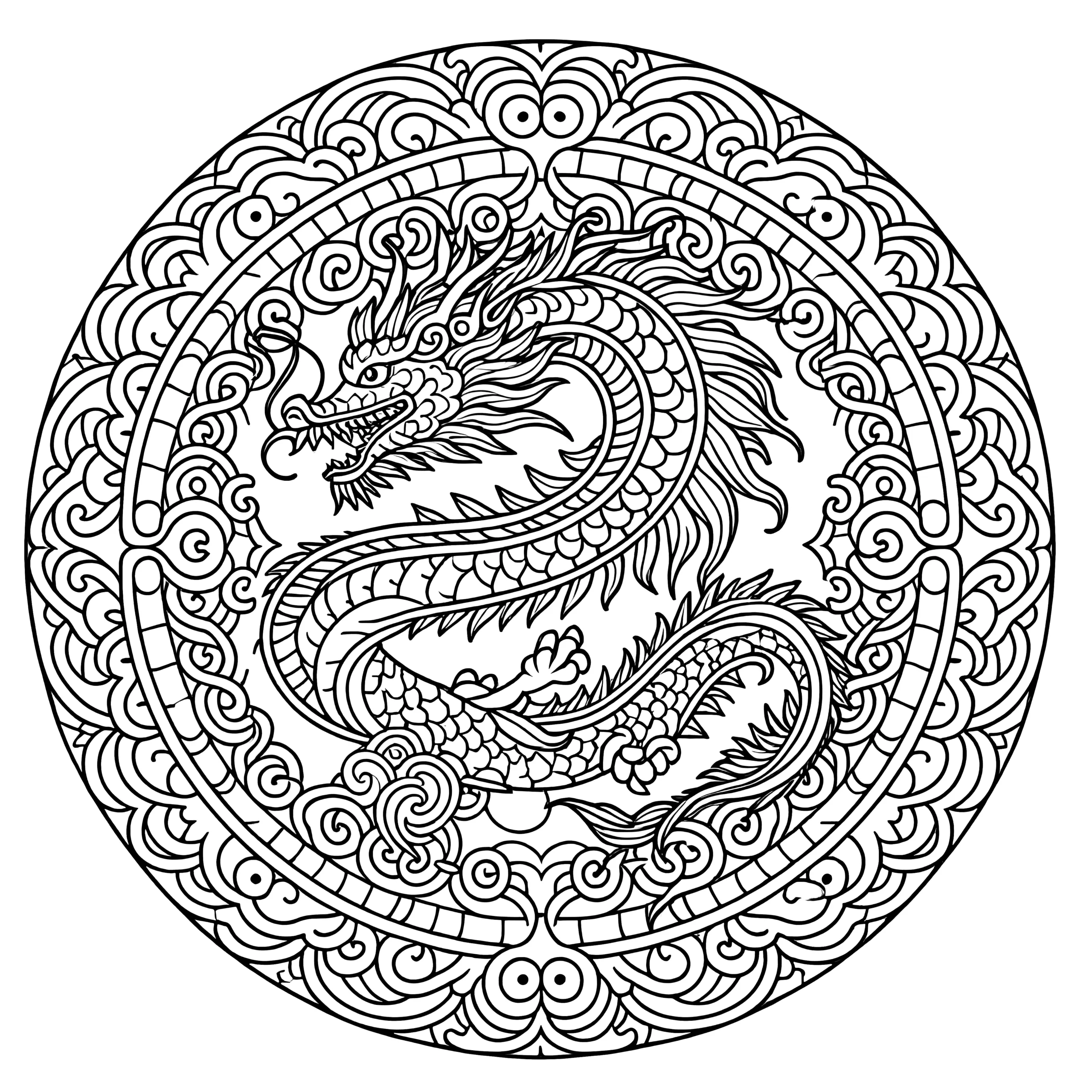 Drachen-Mandala mit Ornamenten: Fantasiewesen zum Ausmalen (Ausmalbild)