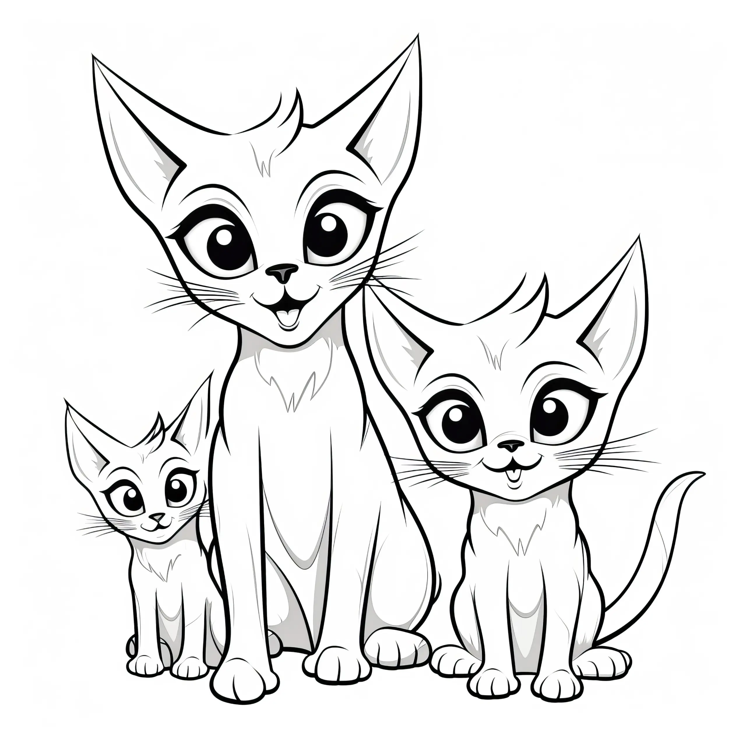 Drei aufgeweckte Katzen: Bild zum Ausmalen kostenlos (Ausmalbild)