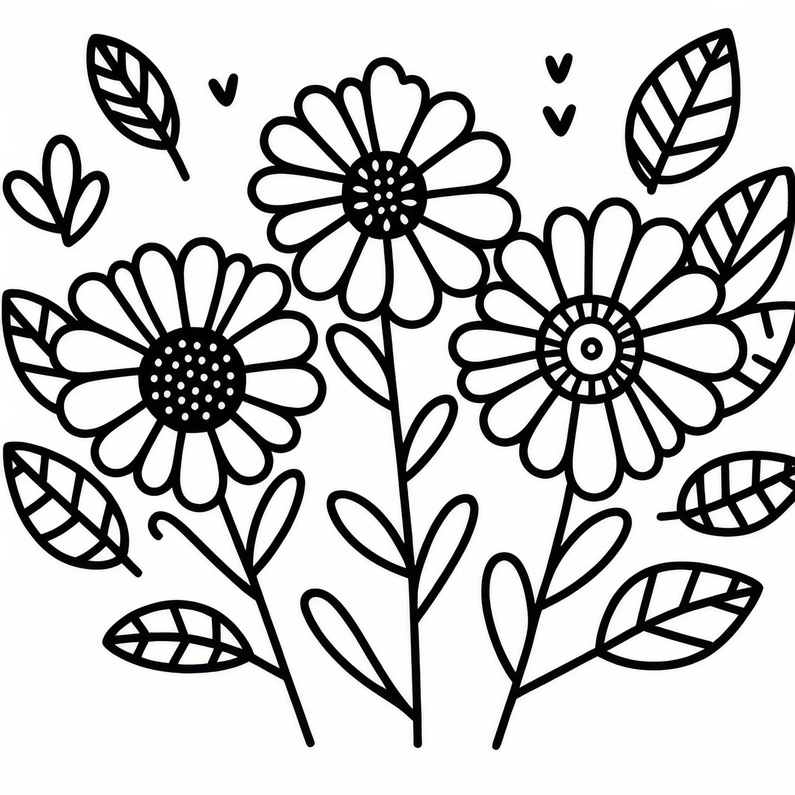 Drei Blumen Nebeneinander – Ausmalbild Einfach für Kinder Kostenlos