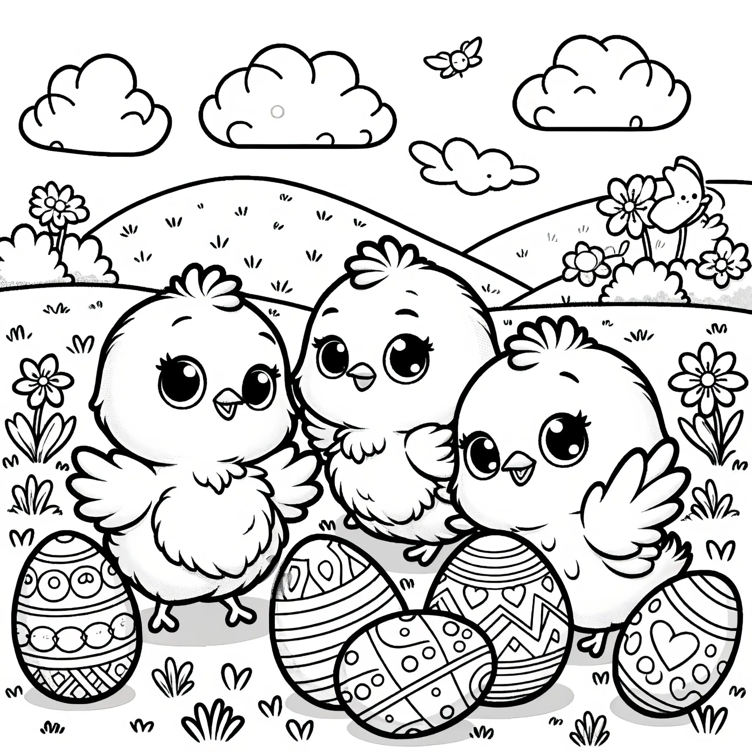 Drei Osterküken mit Ostereiern: Bild zum Ausmalen (Kostenlos) (Ausmalbild)