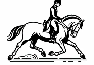 Dressurreiter führt elegante Piaffe mit Pferd im Reitsport – Ausmalbild zum Download