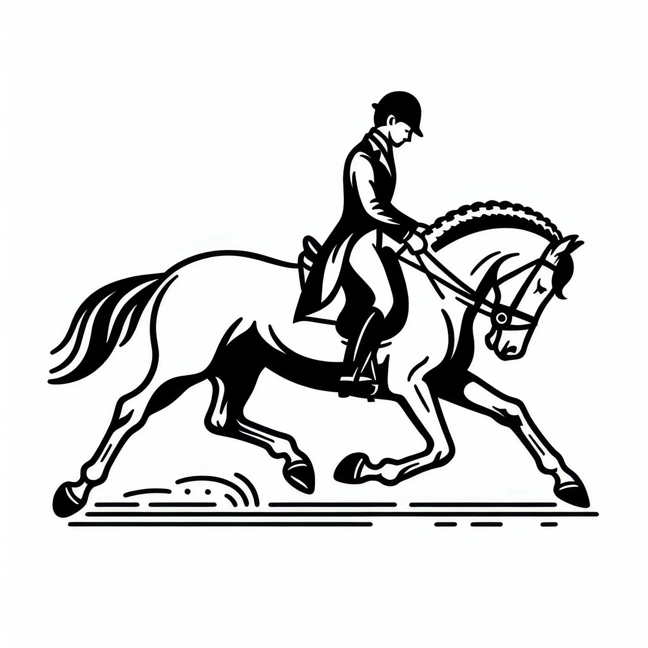 Dressurreiter führt elegante Piaffe mit Pferd im Reitsport – Ausmalbild zum Download