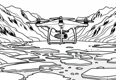 Drohne fliegt über Gletscherlandschaft – Ausmalbild Antarktis gratis
