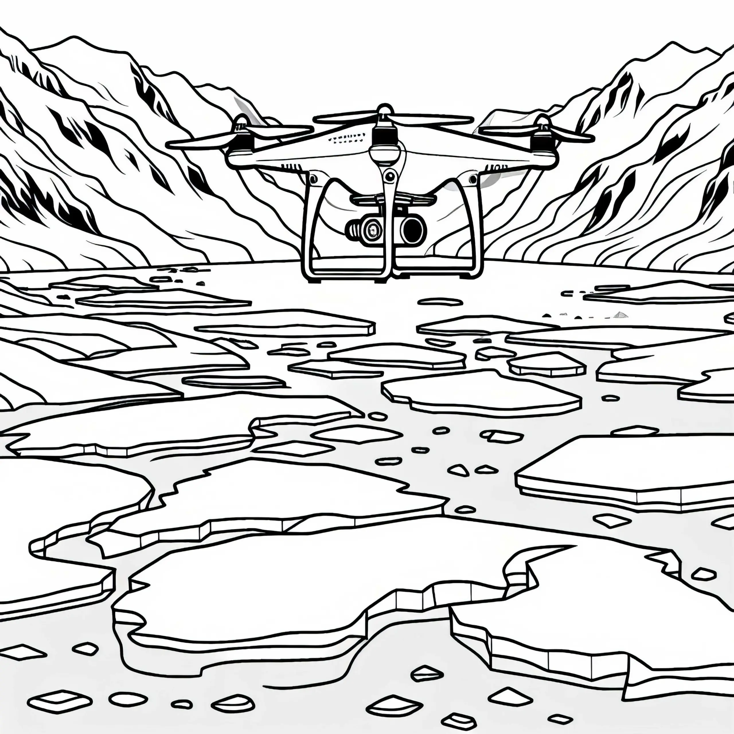 Drohne fliegt über Gletscherlandschaft – Ausmalbild Antarktis gratis