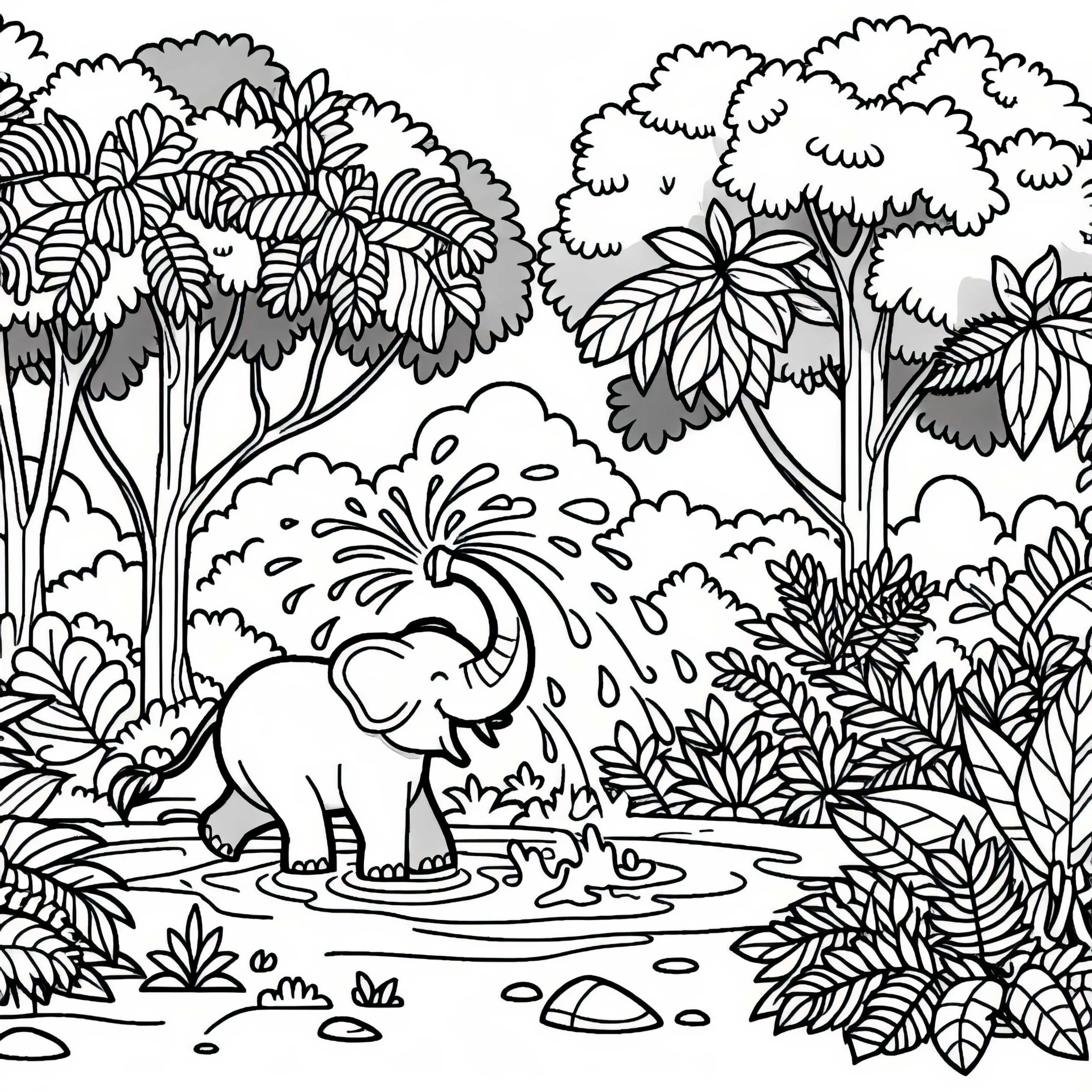 Dschungel-Ausmalbild: Elefant spritzt mit Wasser