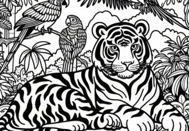 Dschungel mit Tigern und Papageien – Malvorlage für Asien kostenlos herunterladen
