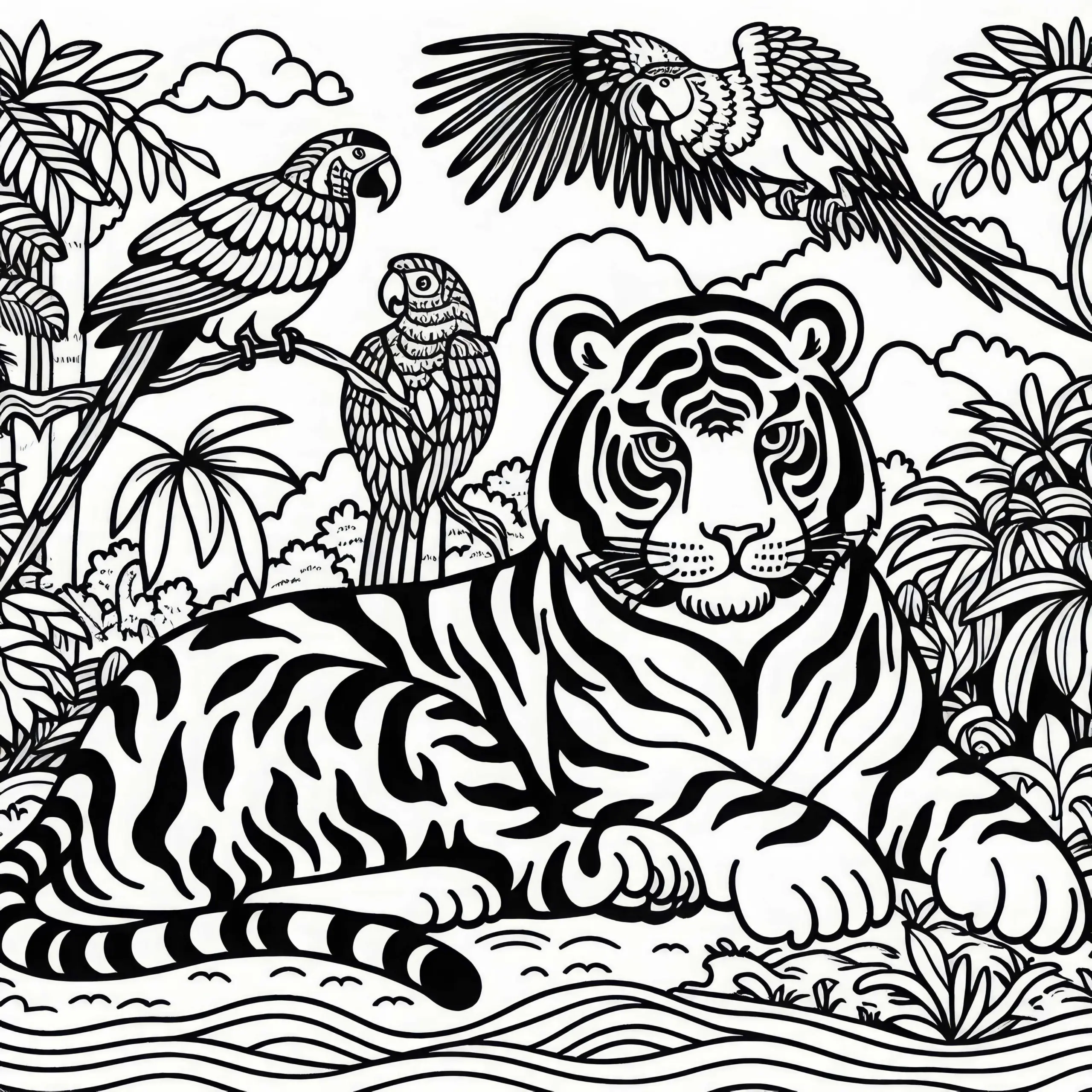 Dschungel mit Tigern und Papageien – Malvorlage für Asien kostenlos herunterladen (Ausmalbild)