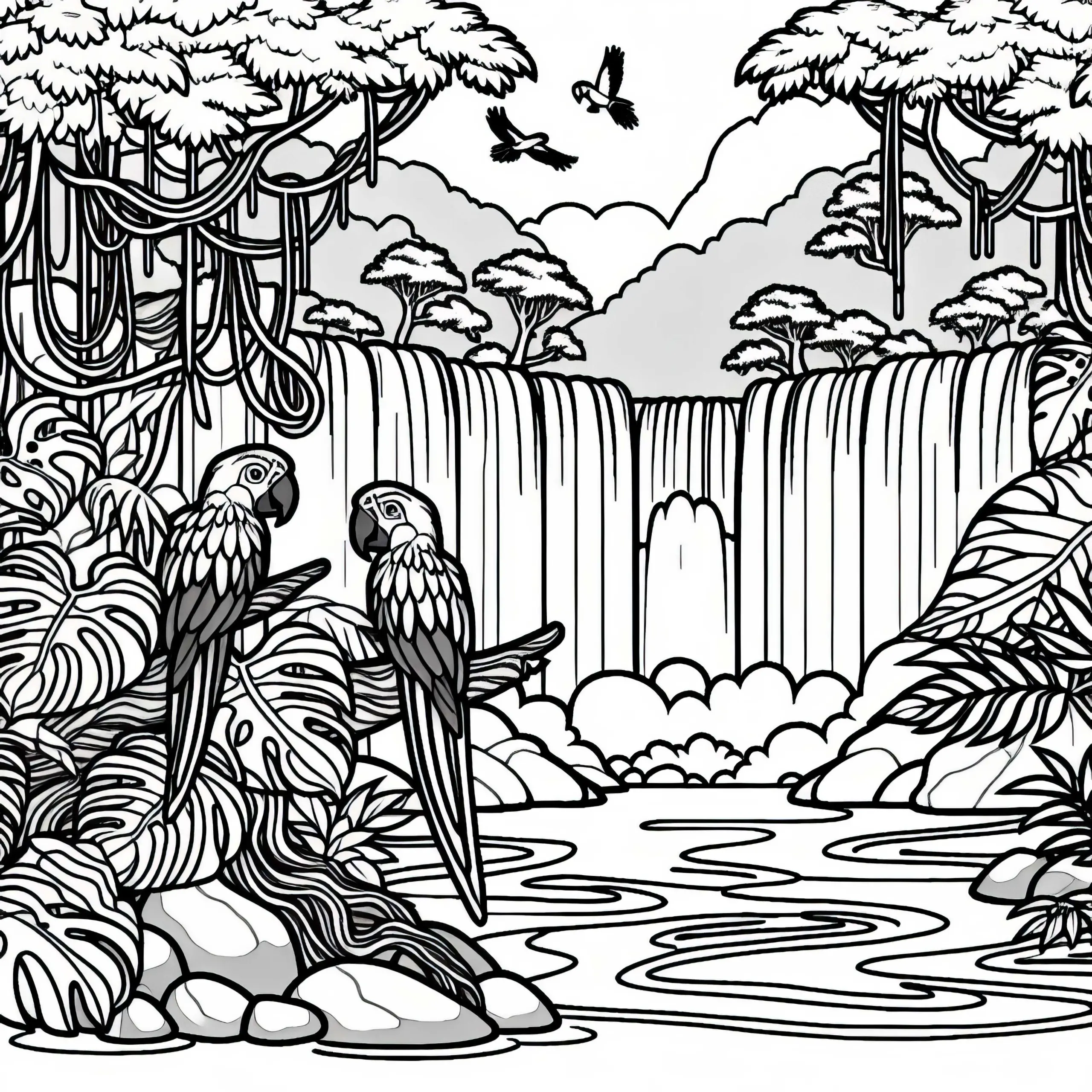Ausmalbild Dschungel Wasserfall mit Lianen und Papageien