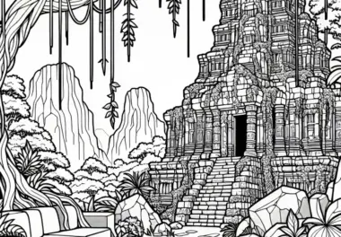 Dschungeltempel mit hängenden Lianen – Ausmalbild gratis