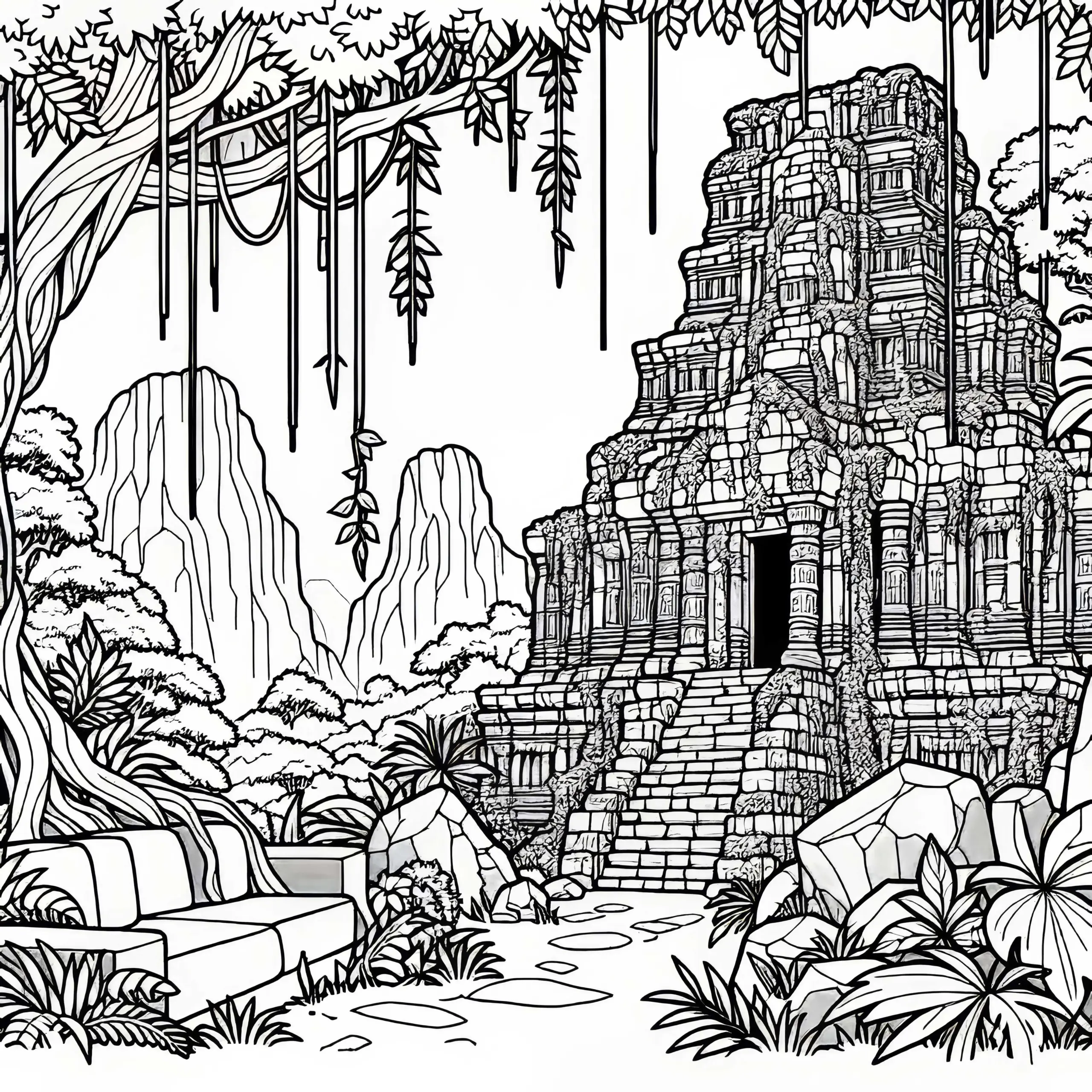 Dschungeltempel mit hängenden Lianen – Ausmalbild gratis