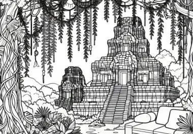 Dschungeltempel mit hängenden Lianen Malvorlage kostenlos