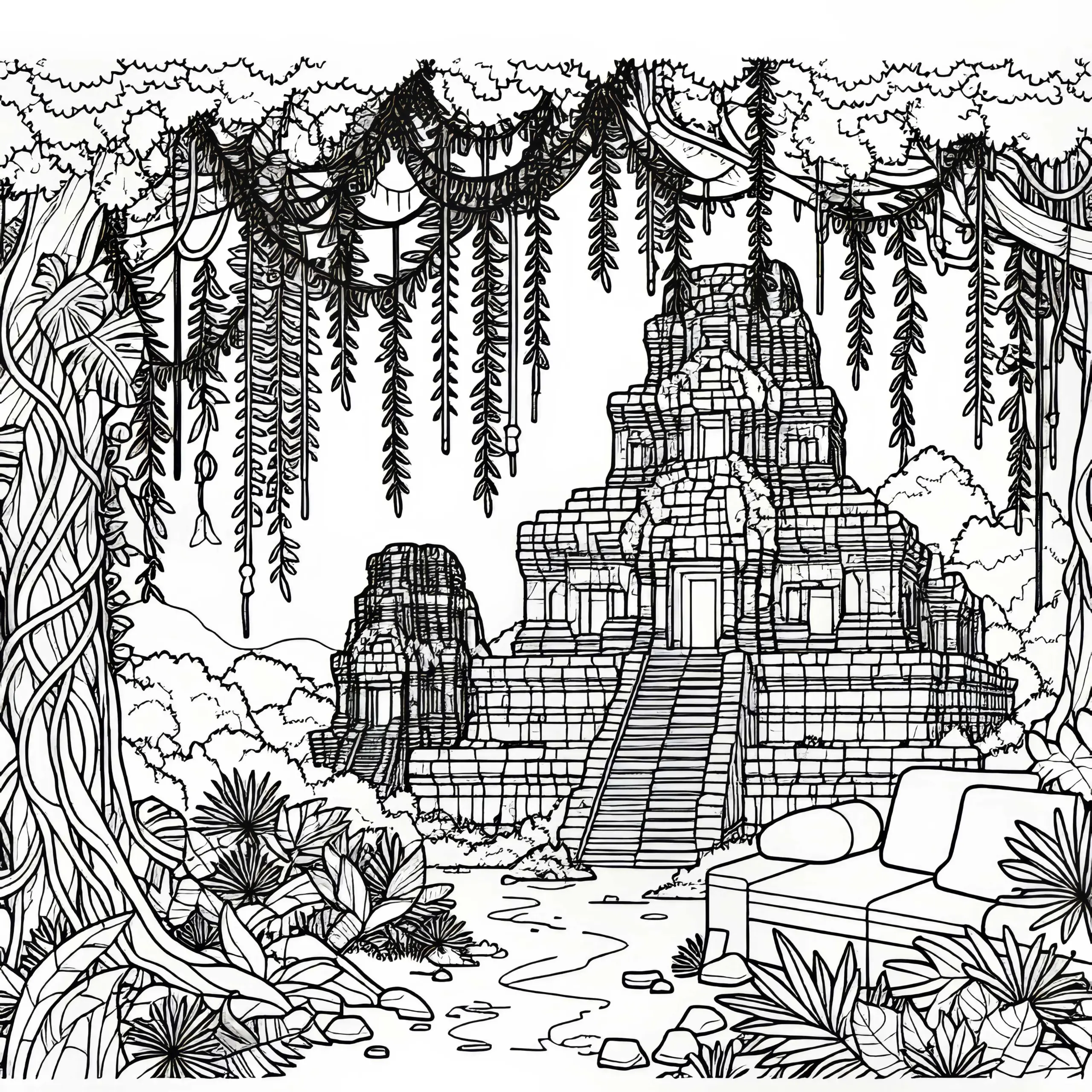 Dschungeltempel mit hängenden Lianen Malvorlage kostenlos (Ausmalbild)