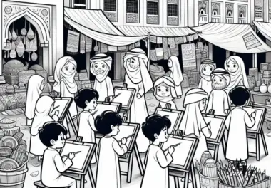 Dubai: Traditioneller Markt mit Kindern, die Zeichnen – Malvorlage Gratis