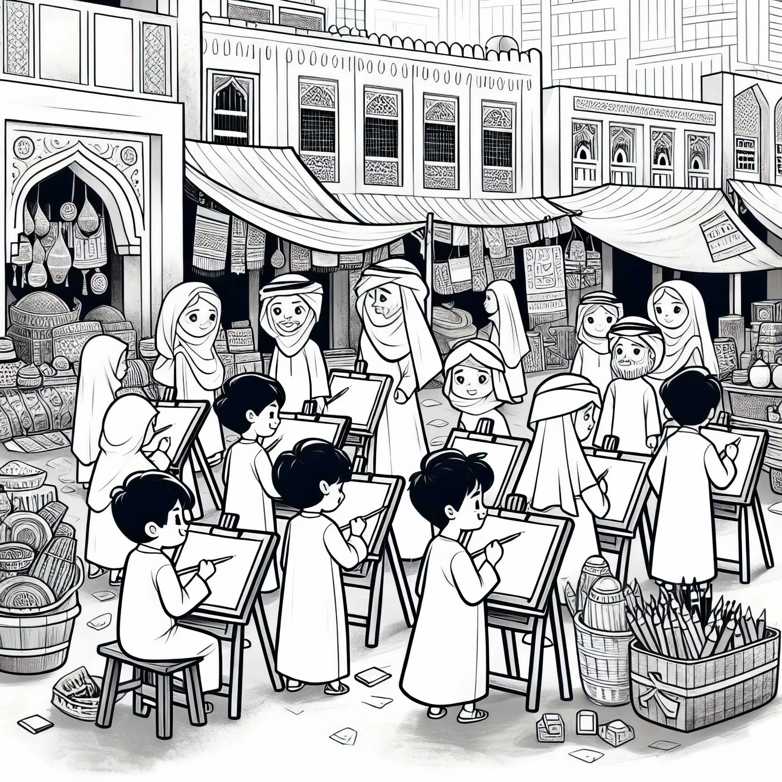 Dubai: Traditioneller Markt mit Kindern, die Zeichnen – Malvorlage Gratis (Ausmalbild)