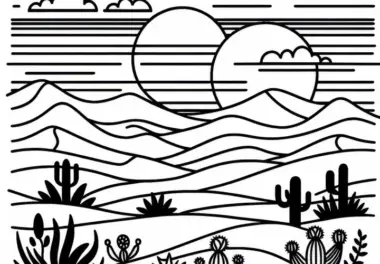 Dünenlandschaft einer Wüste mit Sonnenuntergang – Malvorlage kostenlos