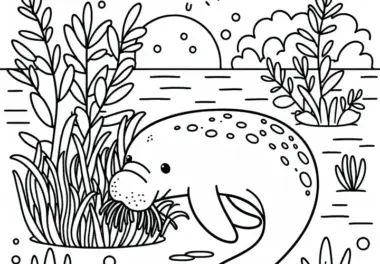 Dugong frisst Seegras vom Meeresboden – Ausmalbild kostenlos