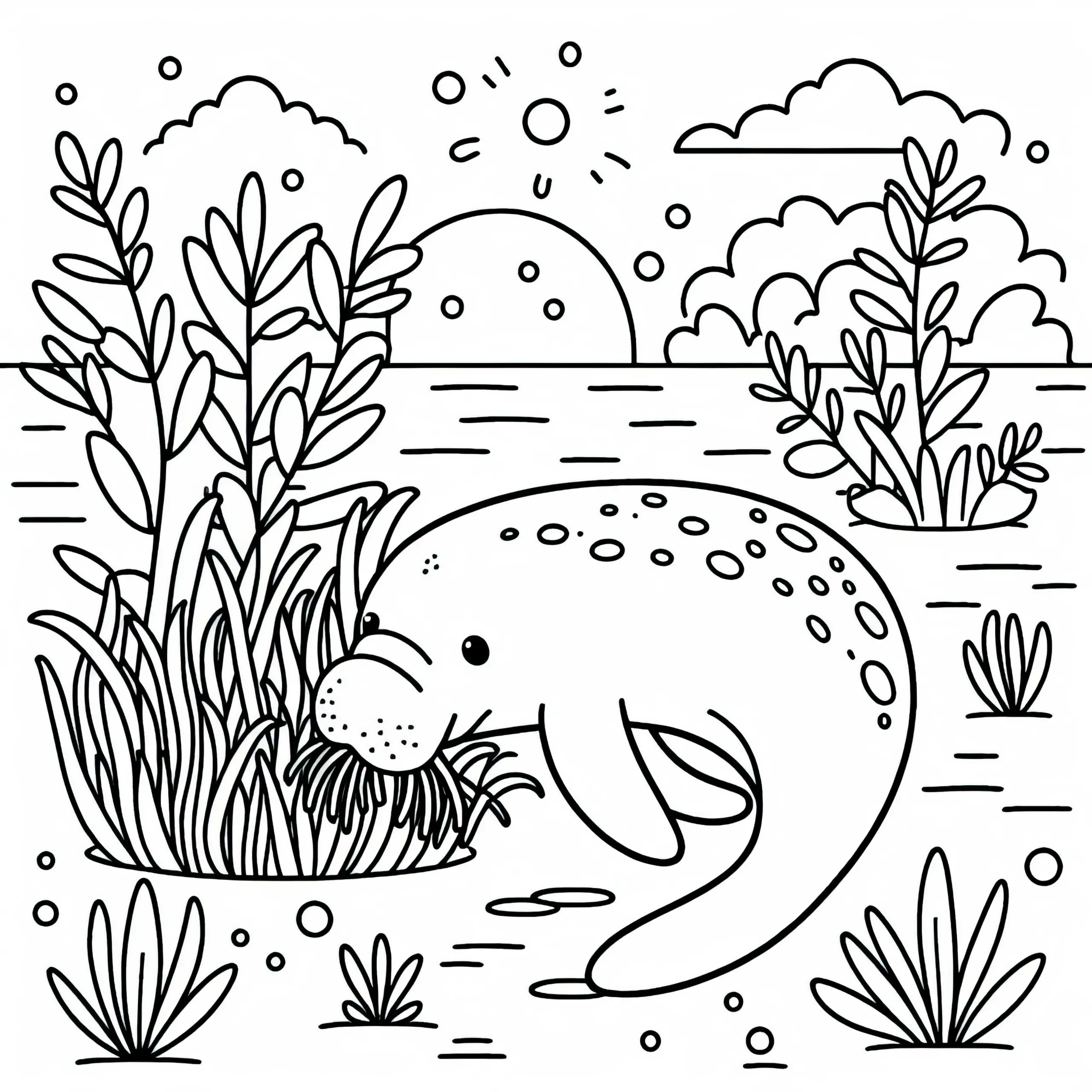 Dugong frisst Seegras vom Meeresboden – Ausmalbild kostenlos