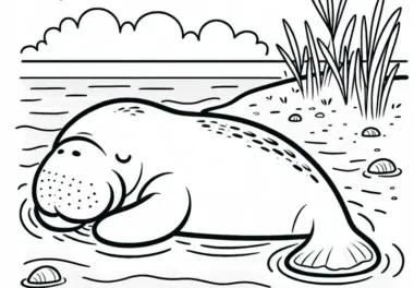 Dugong ruht sich friedlich im flachen Wasser aus – Malvorlage gratis